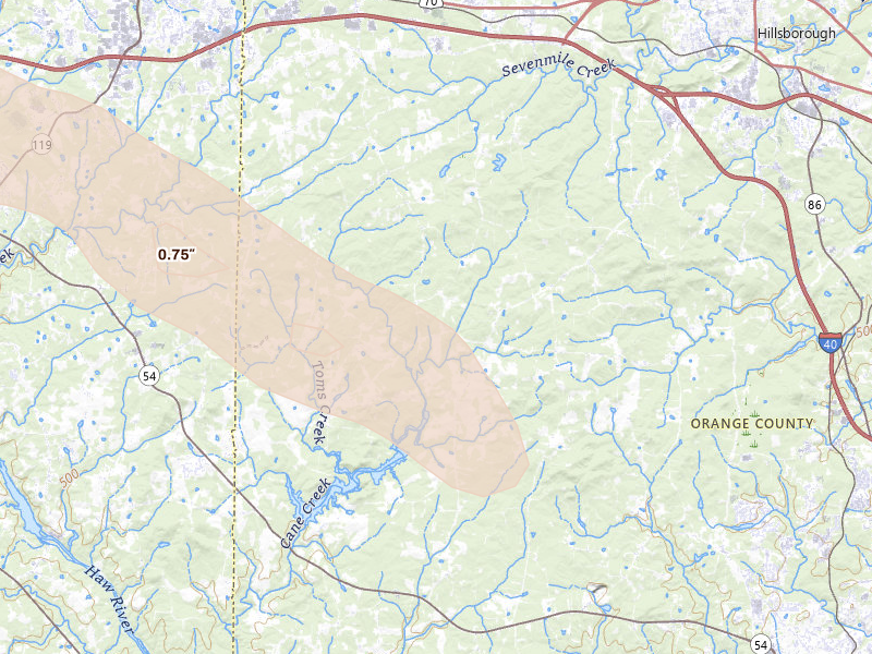 Radar-estimated hail-size map of the storm over Efland, NC on Apr 29, 2026