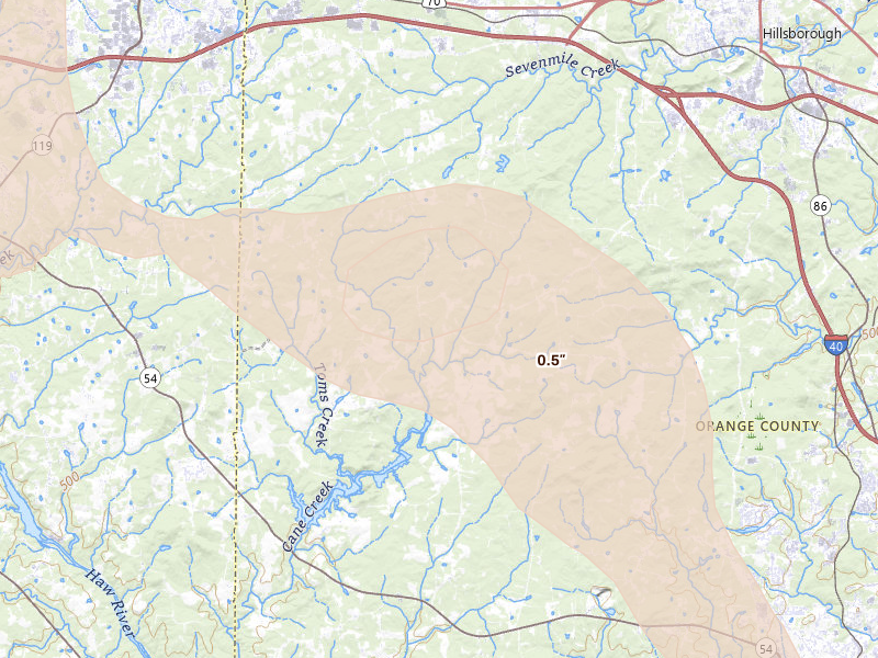 Radar-estimated hail-size map of the storm over Efland, NC on Jul 28, 2026