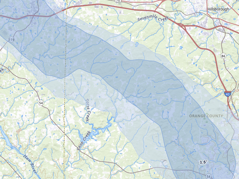 NEXRAD radar-signature map of the hail storm over Efland, NC on Jul 28, 2026