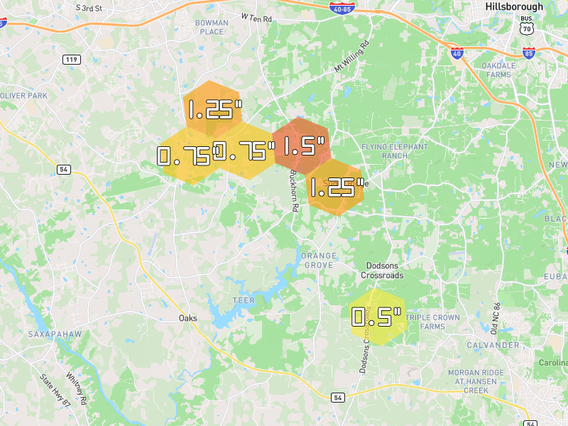 Hail map of Efland, NC on Jul 28, 2026, hail up to 1.5"