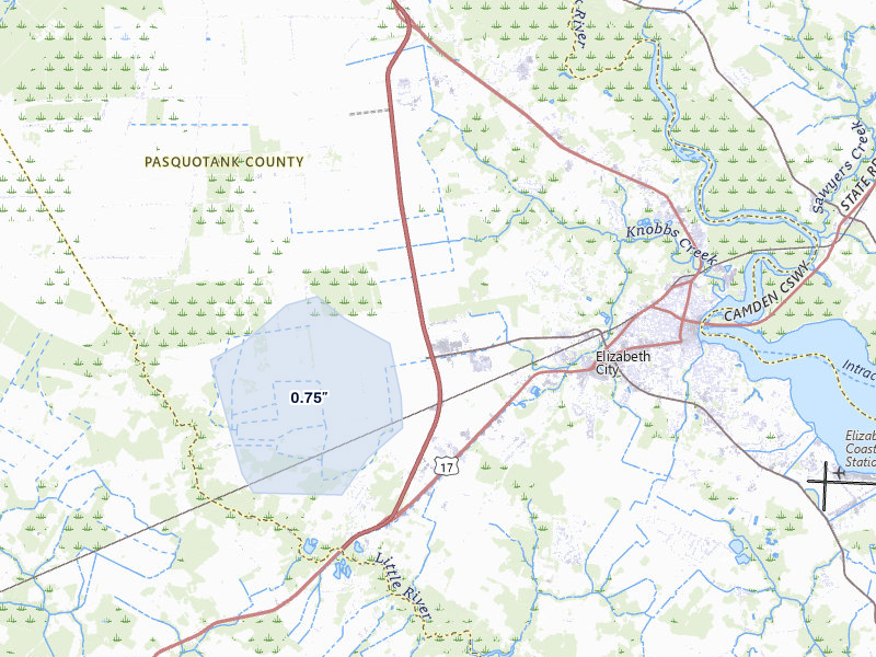 NEXRAD radar-signature map of the hail storm over Elizabeth City, NC on Jun 27, 2026