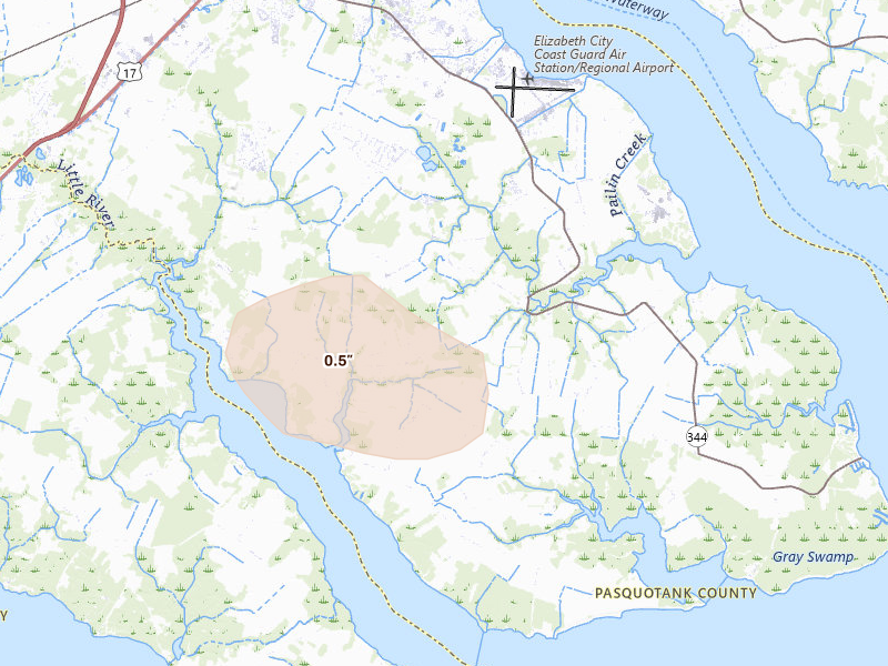 Radar-estimated hail-size map of the storm over Elizabeth City, NC on Aug 10, 2026