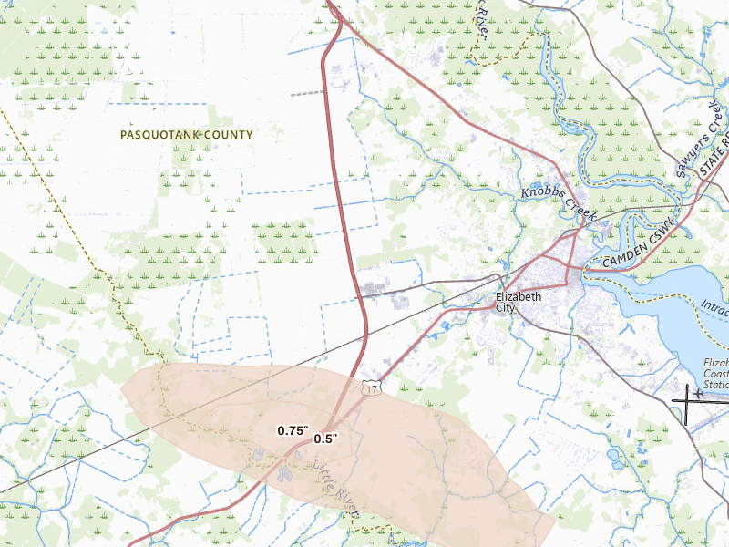 Radar-estimated hail-size map of the storm over Elizabeth City, NC on Aug 11, 2026