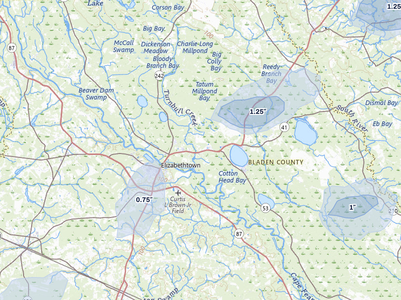 NEXRAD radar-signature map of the hail over Elizabethtown, NC