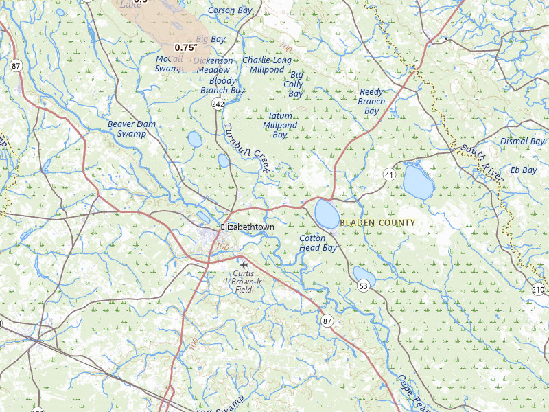 Radar-estimated hail-size map of the storm over Elizabethtown, NC on Jul 6, 2026