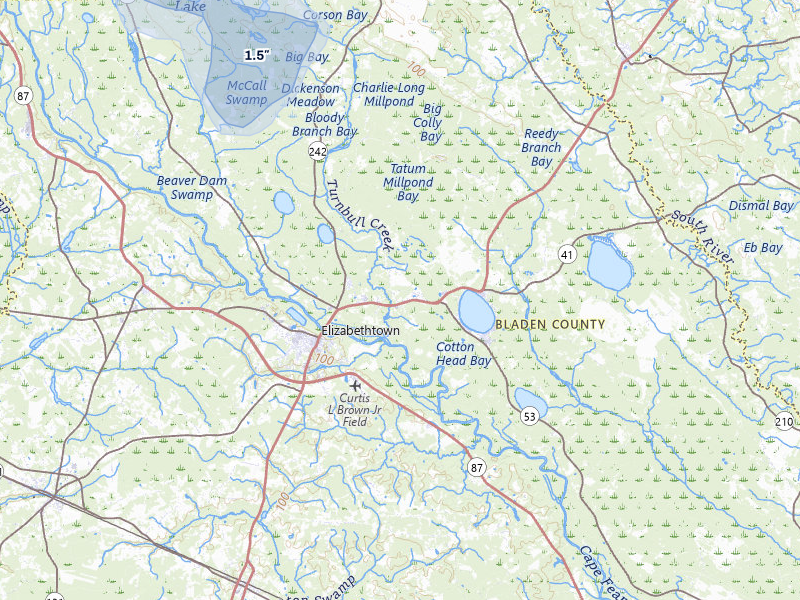 NEXRAD radar-signature map of the hail over Elizabethtown, NC