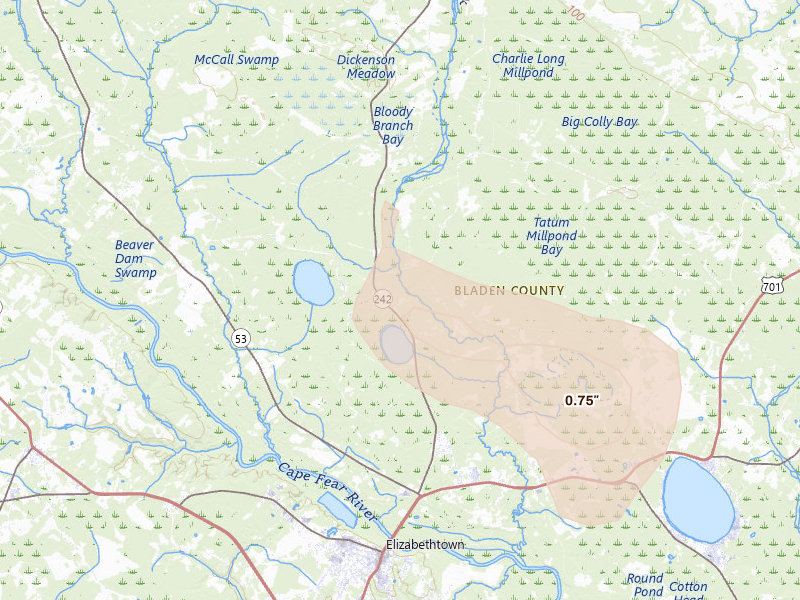 Radar-estimated hail-size map of the storm over Elizabethtown, NC on Aug 11, 2026