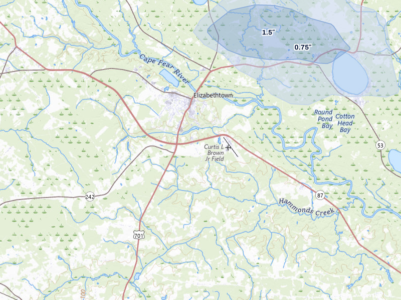 NEXRAD radar-signature map of the hail storm over Elizabethtown, NC on Aug 11, 2026