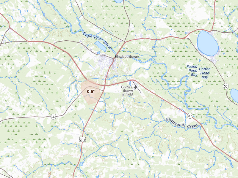 Radar-estimated hail-size map of the storm over Elizabethtown, NC on Aug 16, 2026