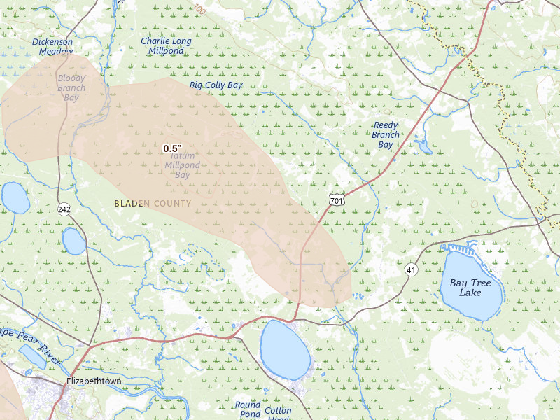 Radar-estimated hail-size map of the storm over Elizabethtown, NC on Aug 20, 2026