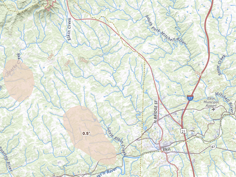 Radar-estimated hail-size map of the storm over Elkin, NC on Aug 15, 2026