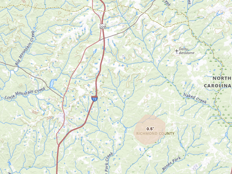 Radar-estimated hail-size map of the storm over Ellerbe, NC on Jun 27, 2026