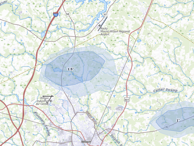NEXRAD radar-signature map of the hail storm over Elm City, NC on Jun 26, 2026