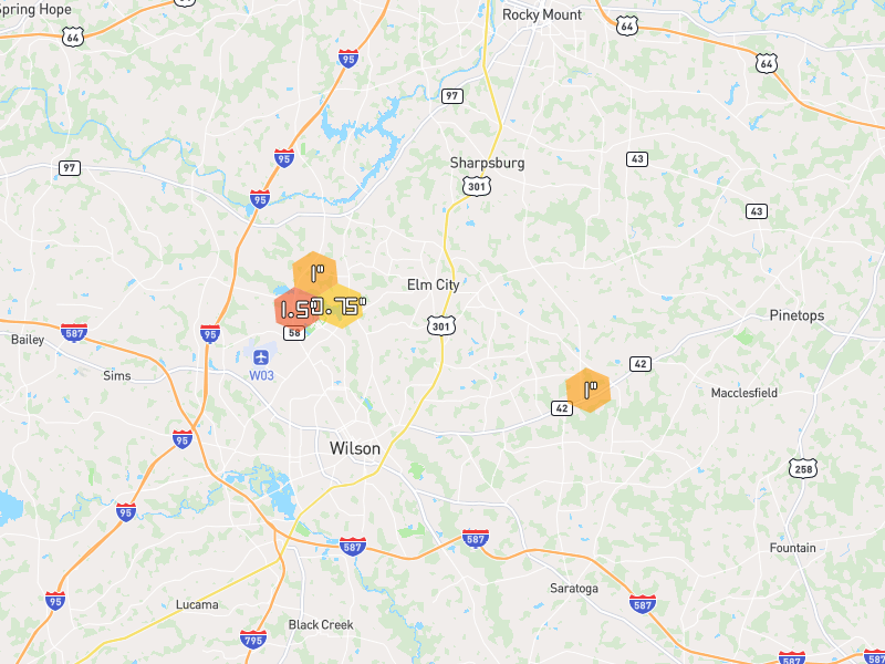 Hail map of Elm City, NC on Jun 26, 2026, hail up to 1.5"