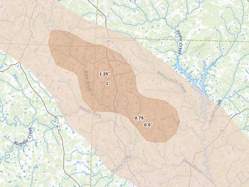 Radar-estimated hail-size map of the storm over Elon, NC on Jul 28, 2026
