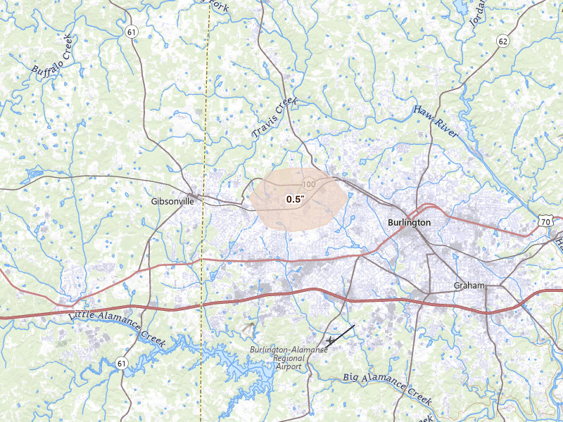 Radar-estimated hail-size map of the storm over Elon, NC on Aug 17, 2026