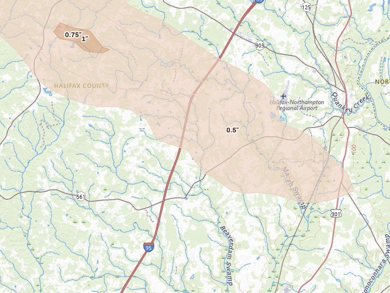 Radar-estimated hail-size map of the storm over Enfield, NC on May 27, 2026