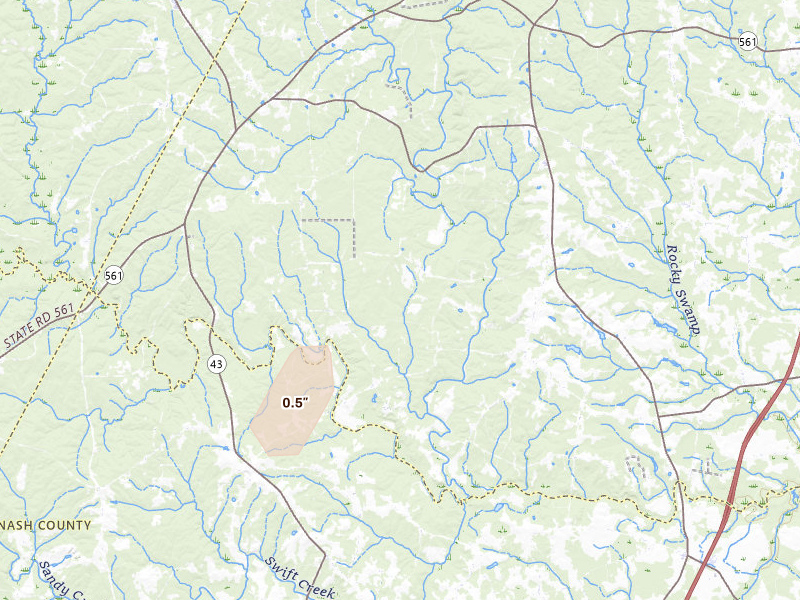 Radar-estimated hail-size map of the storm over Enfield, NC on Aug 20, 2026