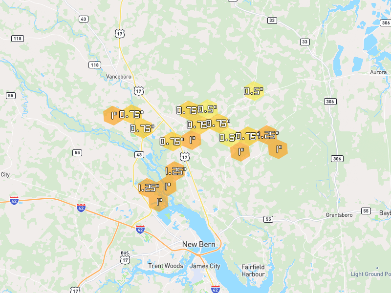 Hail map of Ernul, NC on Jun 27, 2026, hail up to 1.25"