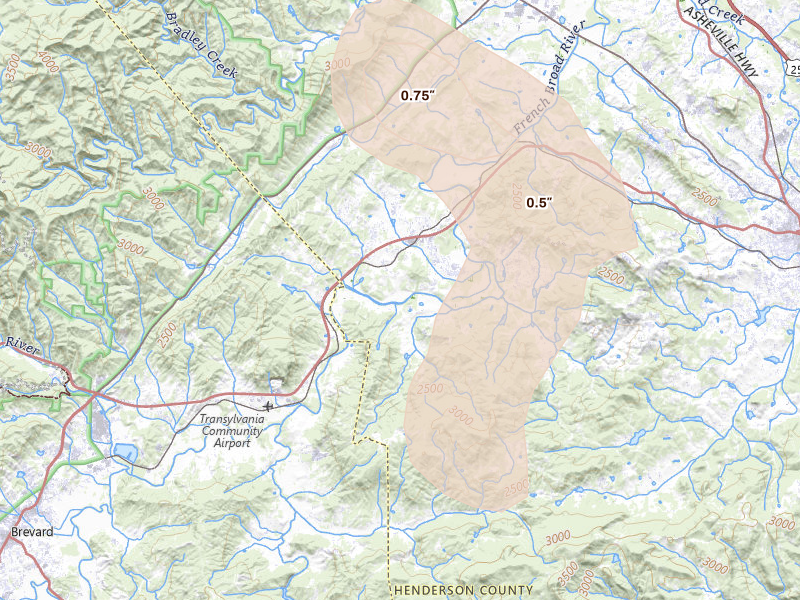 Radar-estimated hail-size map of the storm over Etowah, NC on Jun 12, 2026