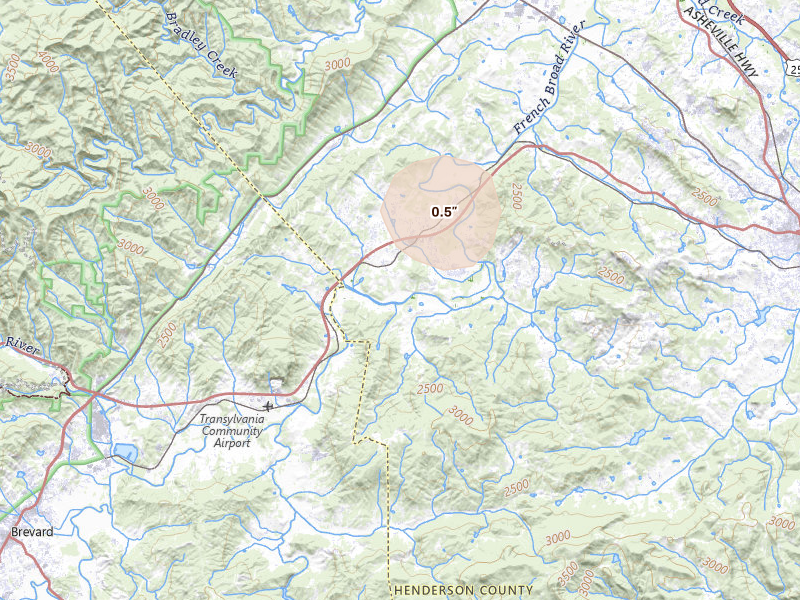 Radar-estimated hail-size map of the storm over Etowah, NC on Aug 17, 2026