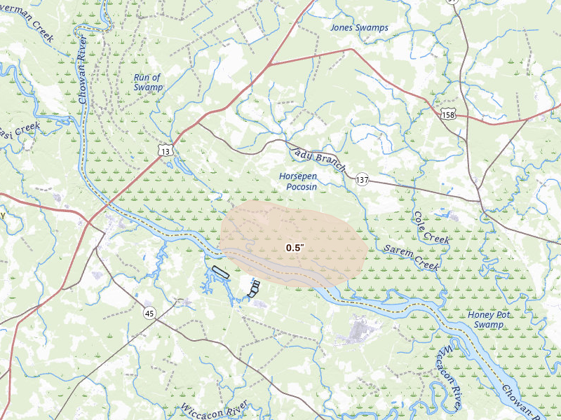 Radar-estimated hail-size map of the storm over Eure, NC on Jul 6, 2026