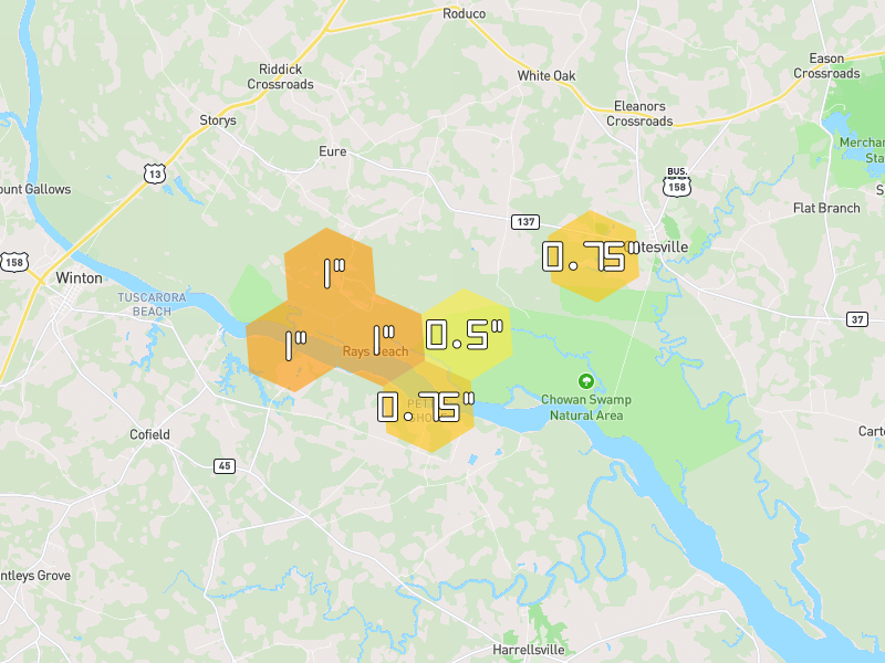 Hail map of Eure, NC on Jul 6, 2026, hail up to 1"