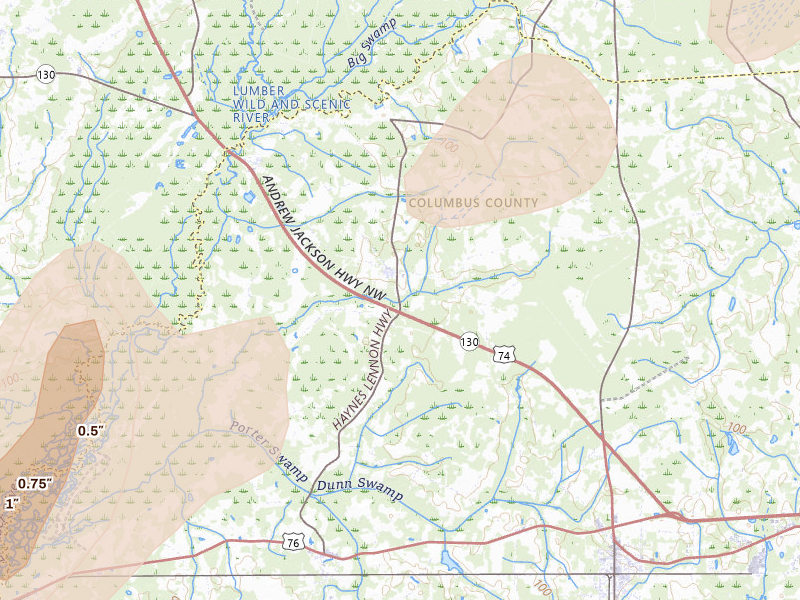 Radar-estimated hail-size map of the storm over Evergreen, NC on Jul 5, 2026