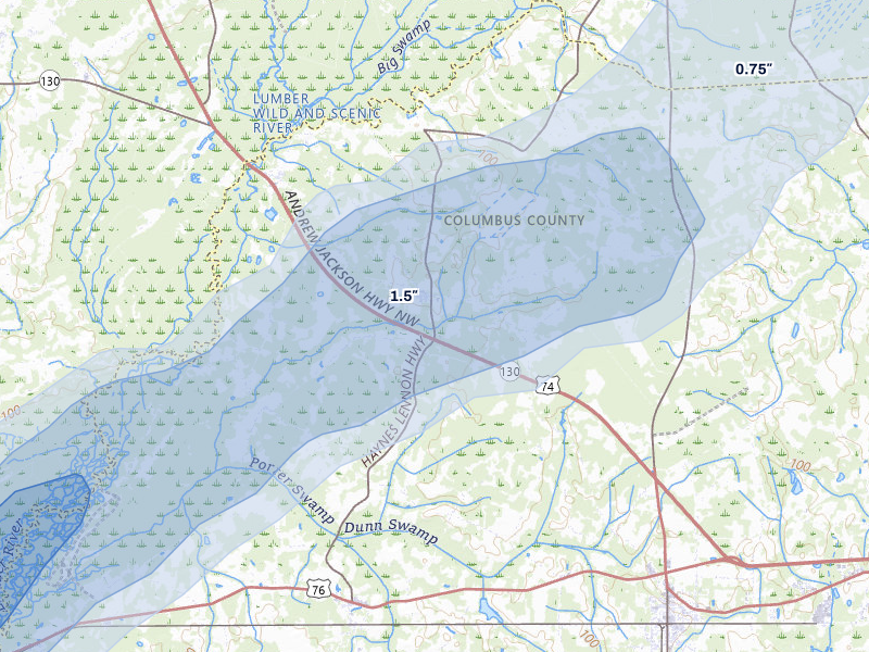 NEXRAD radar-signature map of the hail storm over Evergreen, NC on Jul 5, 2026