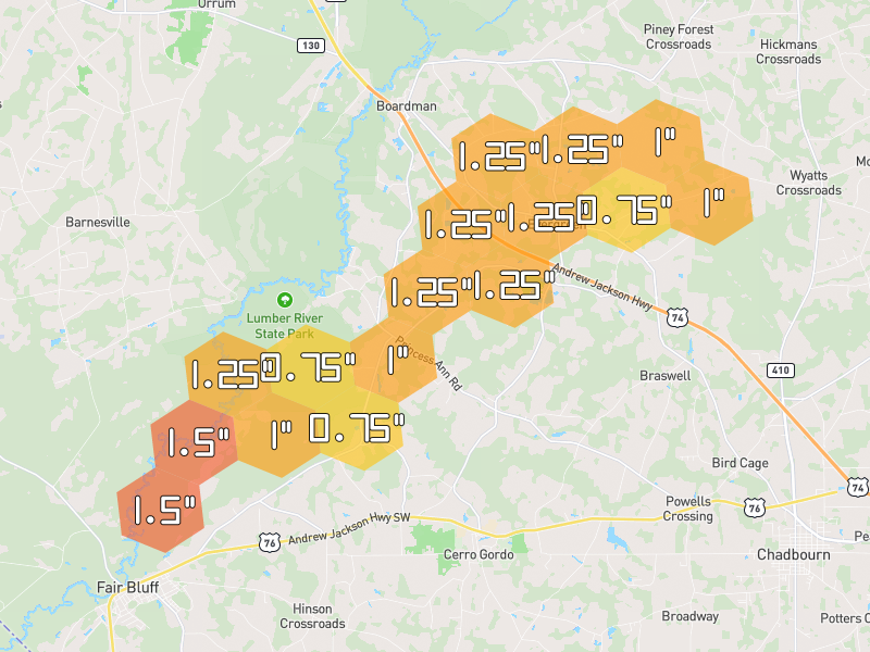 Hail map of Evergreen, NC on Jul 5, 2026, hail up to 1.5"