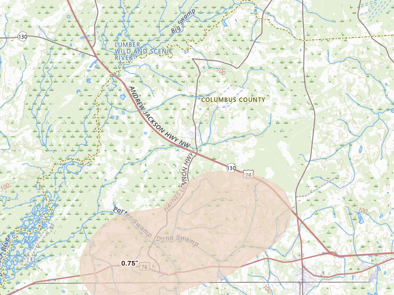 Radar-estimated hail-size map of the storm over Evergreen, NC on Jul 6, 2026