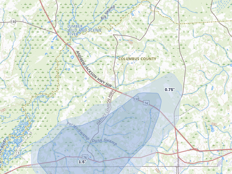 NEXRAD radar-signature map of the hail storm over Evergreen, NC on Jul 6, 2026