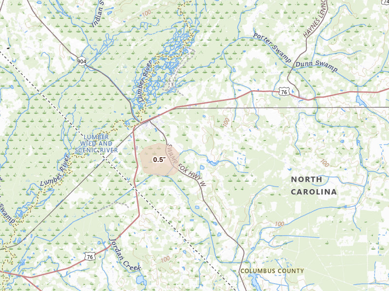 Radar-estimated hail-size map of the storm over Fair Bluff, NC