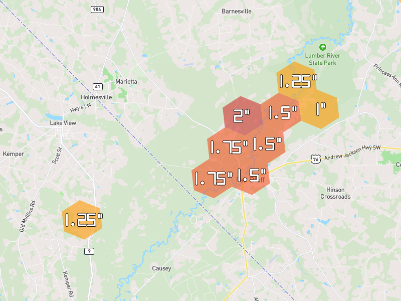 Hail map of Fair Bluff, NC on Jul 5, 2026, hail up to 2"