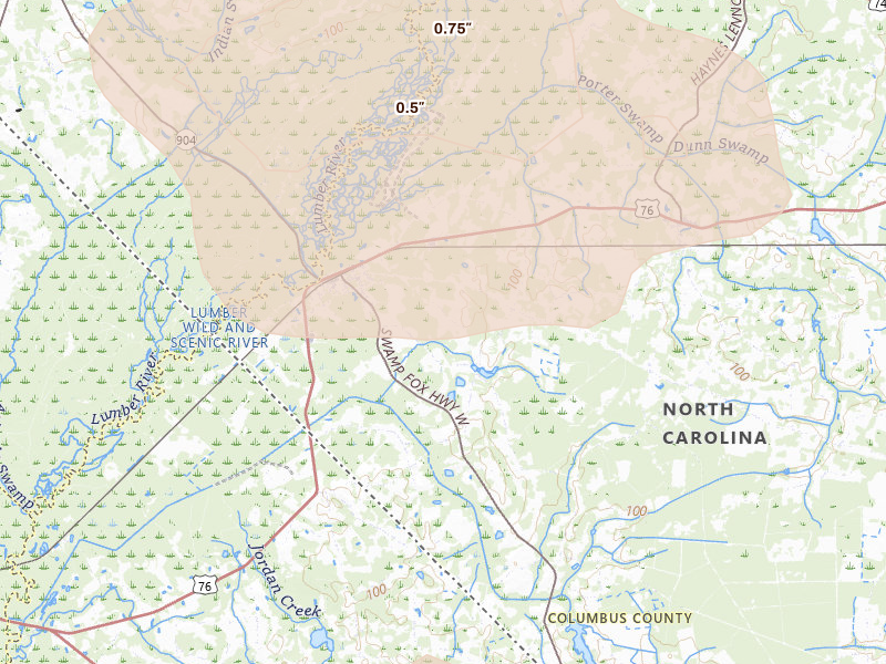Radar-estimated hail-size map of the storm over Fair Bluff, NC