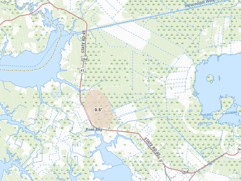 Radar-estimated hail-size map of the storm over Fairfield, NC on Jun 13, 2026