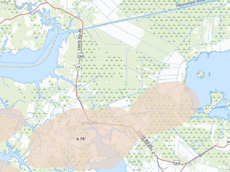 Radar-estimated hail-size map of the storm over Fairfield, NC on Jul 19, 2026