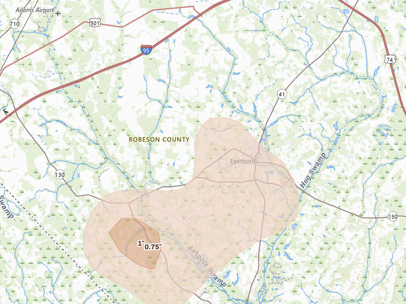 Radar-estimated hail-size map of the storm over Fairmont, NC on Jul 6, 2026