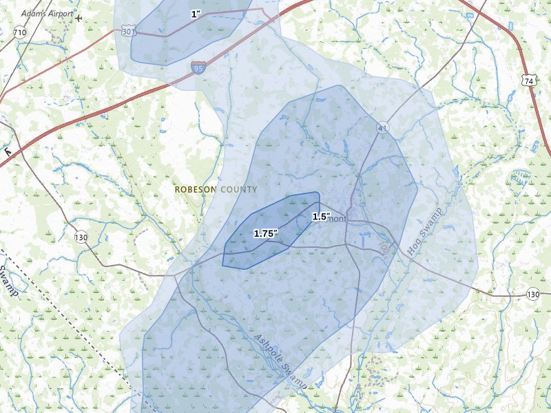 NEXRAD radar-signature map of the hail over Fairmont, NC