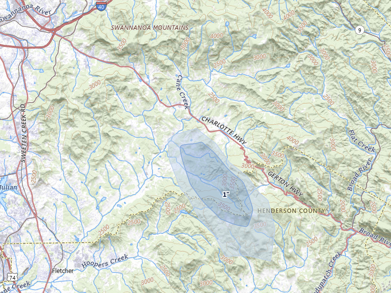 NEXRAD radar-signature map of the hail storm over Fairview, NC on Jul 28, 2026