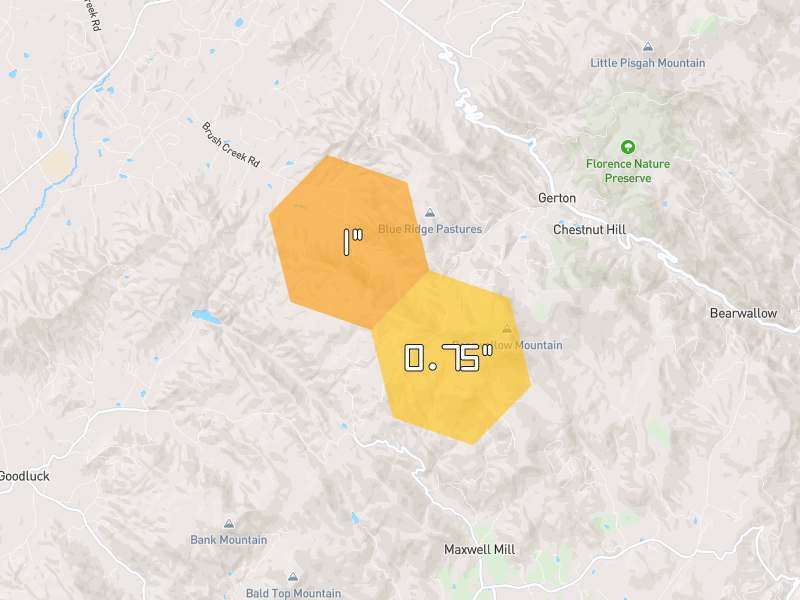Hail map of Fairview, NC on Jul 28, 2026, hail up to 1"