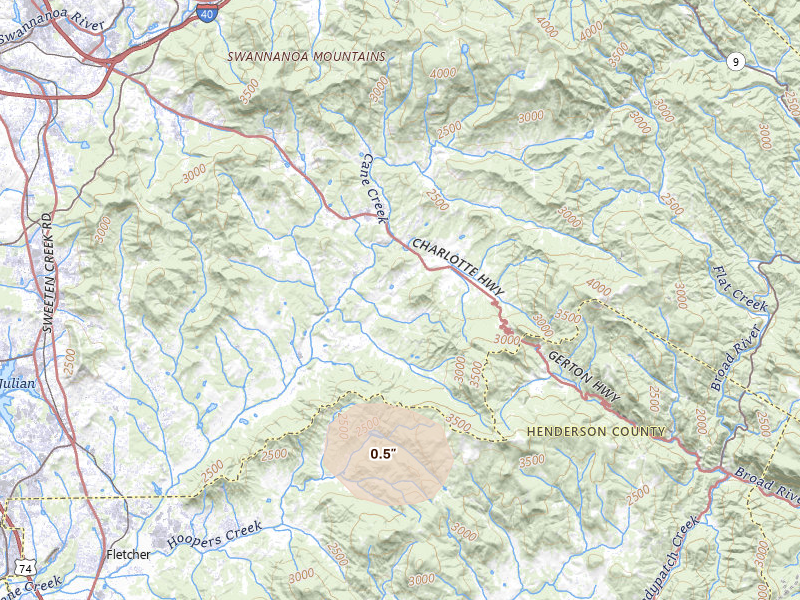 Radar-estimated hail-size map of the storm over Fairview, NC