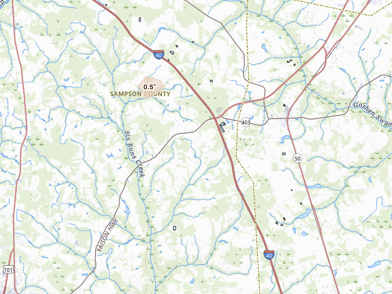 Radar-estimated hail-size map of the storm over Faison, NC on Jun 28, 2026