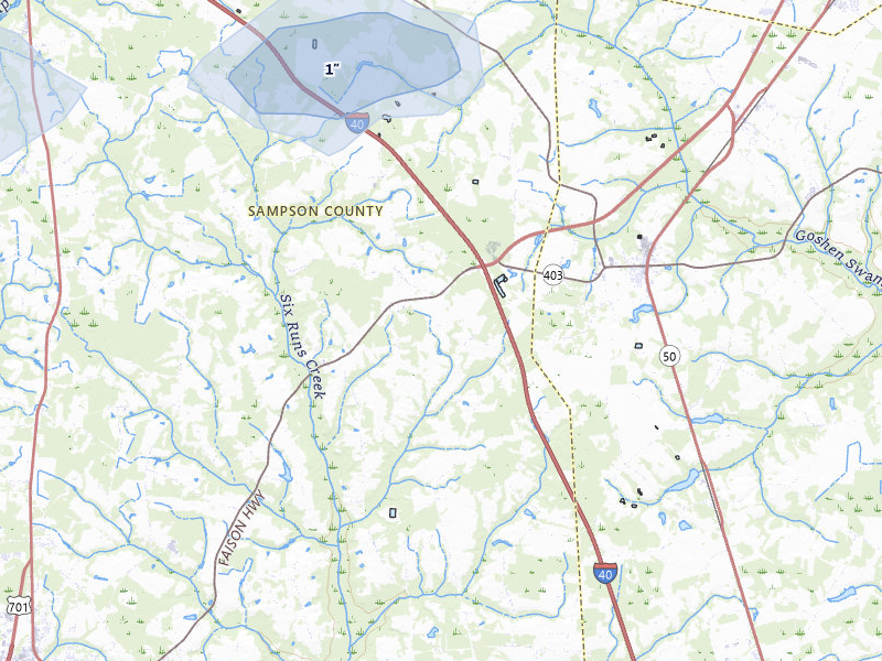 NEXRAD radar-signature map of the hail storm over Faison, NC on Jun 28, 2026