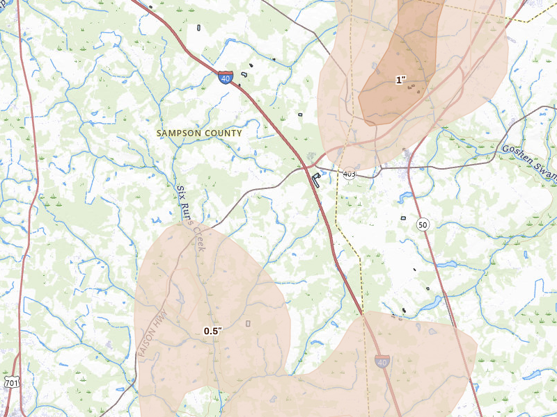 Radar-estimated hail-size map of the storm over Faison, NC on Jul 5, 2026