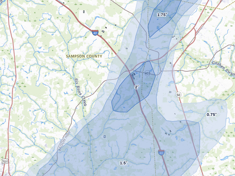 NEXRAD radar-signature map of the hail storm over Faison, NC on Jul 5, 2026