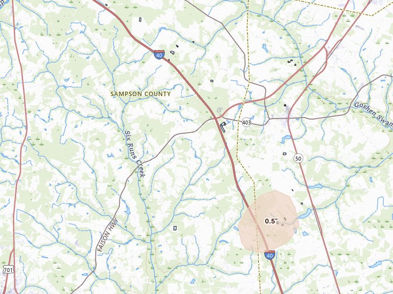 Radar-estimated hail-size map of the storm over Faison, NC on Jul 7, 2026