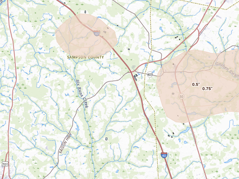 Radar-estimated hail-size map of the storm over Faison, NC on Jul 19, 2026