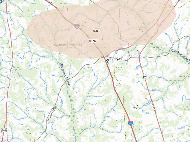 Radar-estimated hail-size map of the storm over Faison, NC on Aug 23, 2026