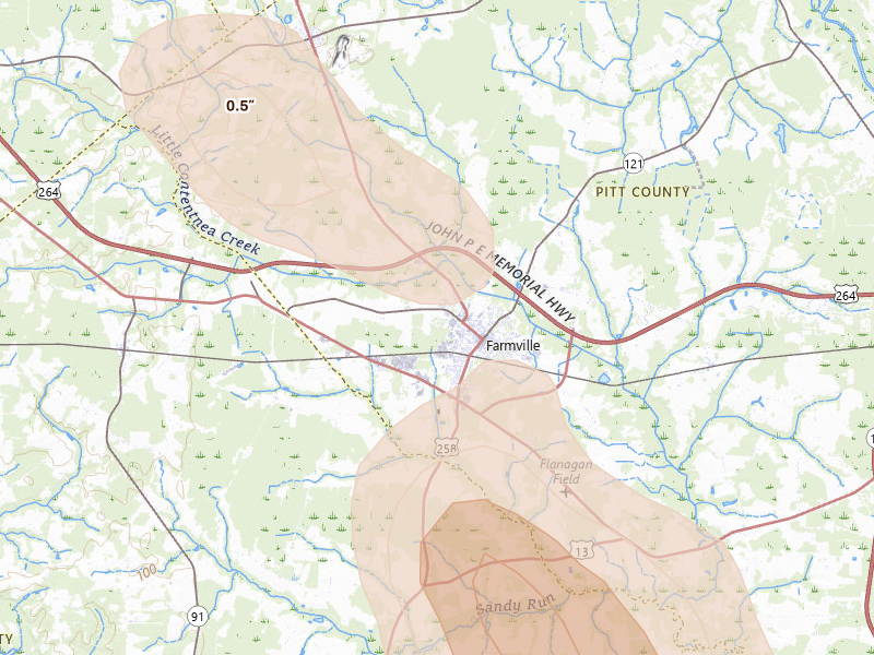 Radar-estimated hail-size map of the storm over Farmville, NC on Sep 5, 2026